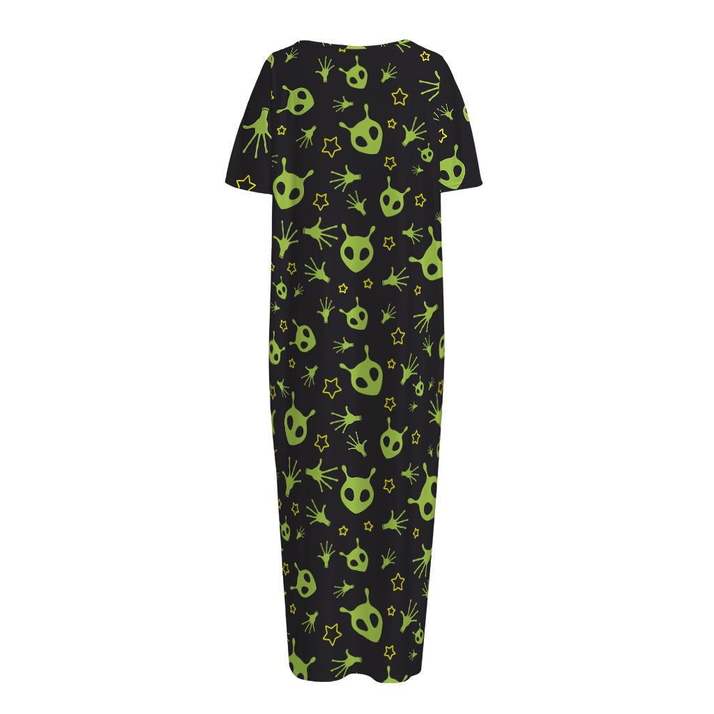 Cute Green Alien Pattern Print Short Sleeve Long Nightdress