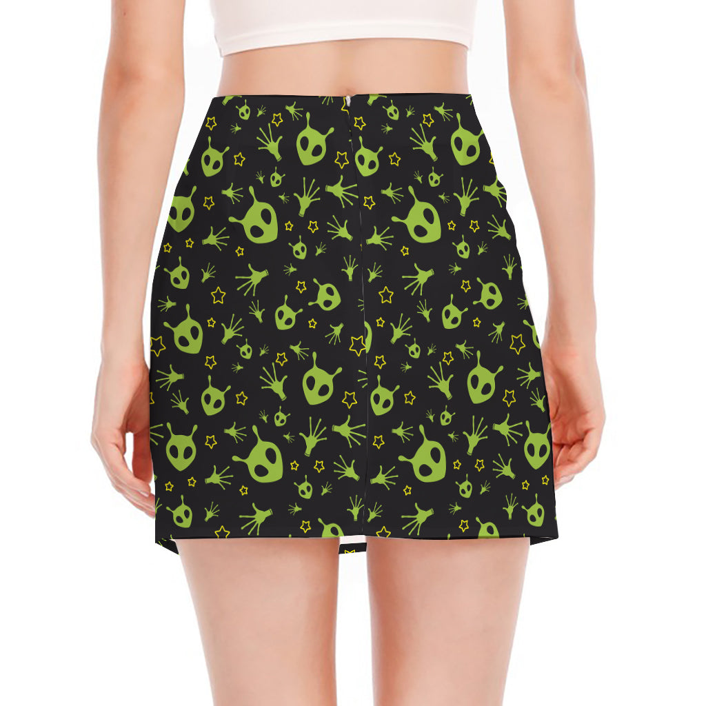 Cute Green Alien Pattern Print Side Slit Mini Skirt