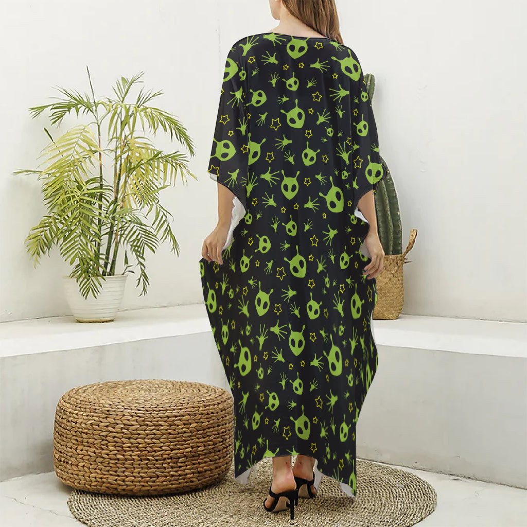 Cute Green Alien Pattern Print Silk V-Neck Kaftan Dress