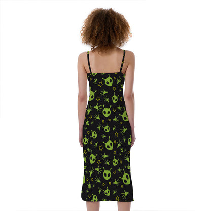 Cute Green Alien Pattern Print Slim Fit Midi Cami Dress