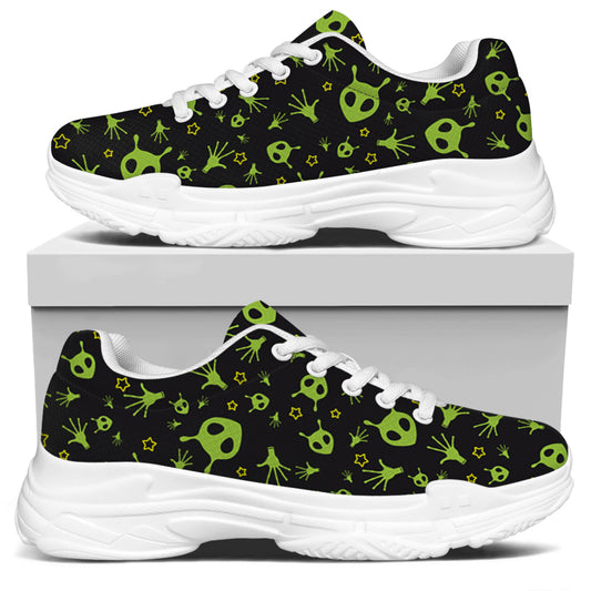 Cute Green Alien Pattern Print White Chunky Shoes