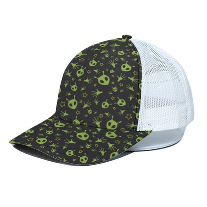 Cute Green Alien Pattern Print White Mesh Trucker Cap