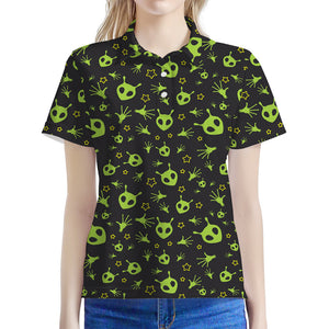 Cute Green Alien Pattern Print Women's Polo Shirt