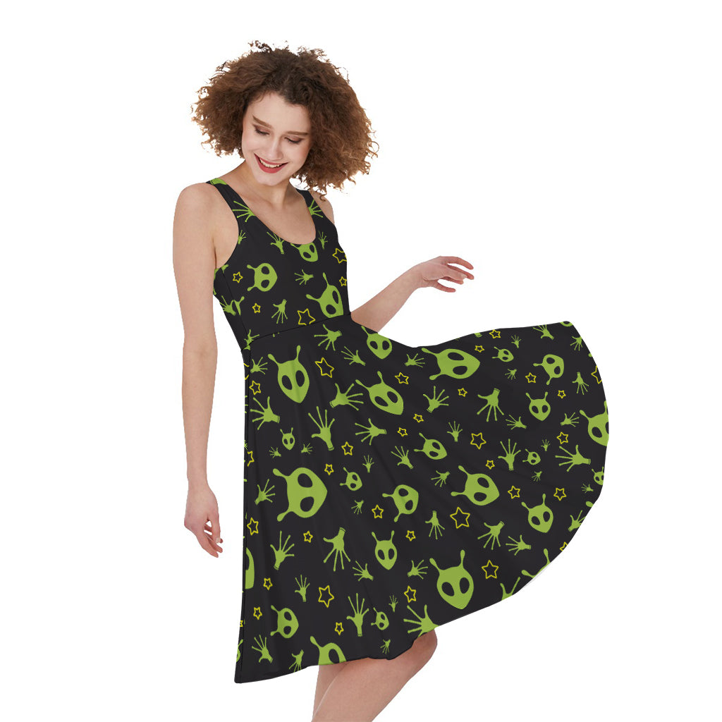 Cute Green Alien Pattern Print Women's Sleeveless Dress