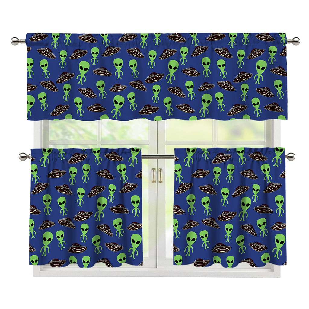 Cute Green Alien UFO Print 3 Piece Kitchen Curtains