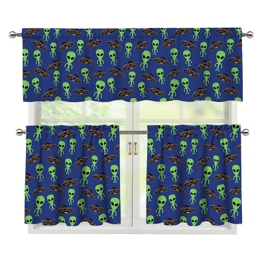Cute Green Alien UFO Print 3 Piece Kitchen Curtains