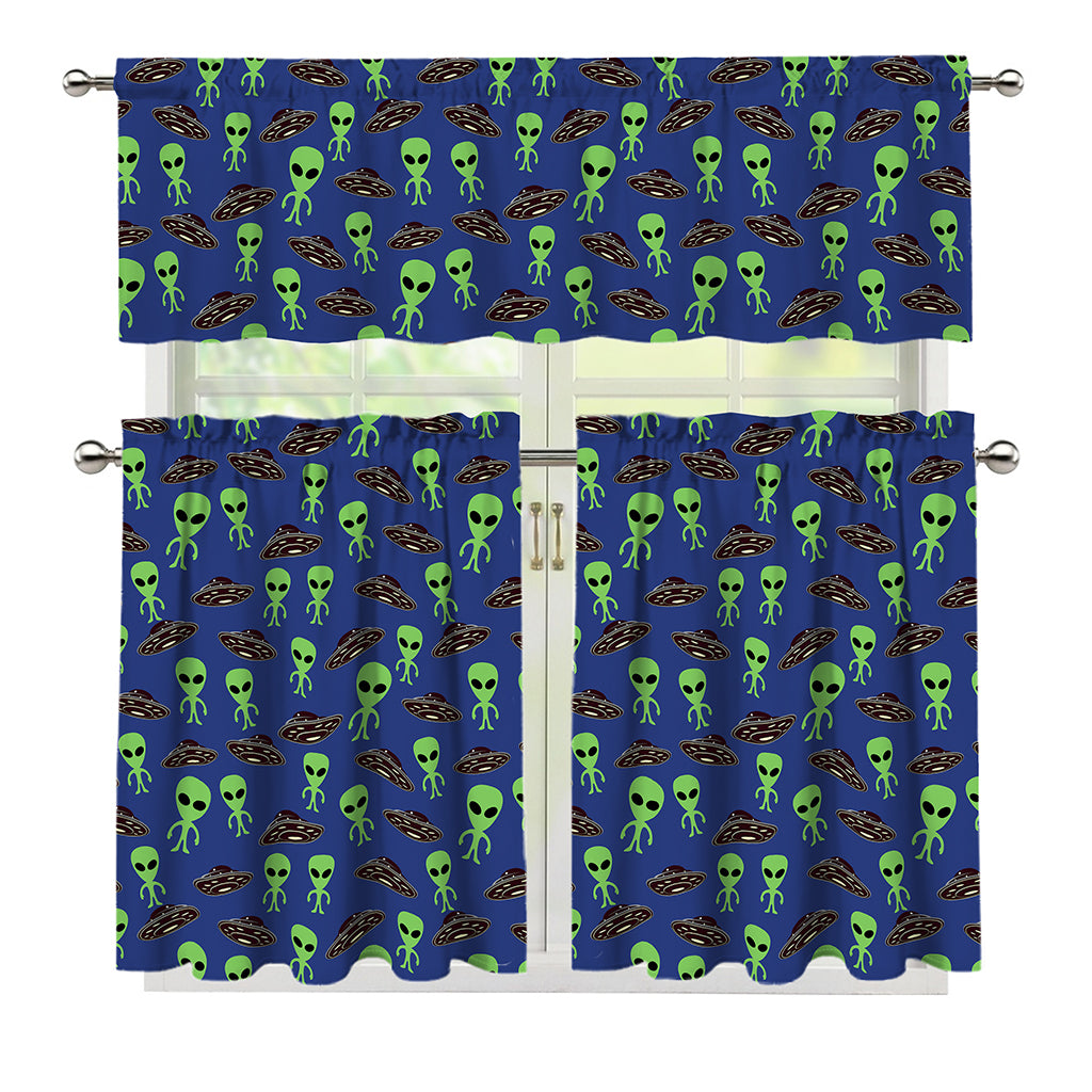 Cute Green Alien UFO Print 3 Piece Kitchen Curtains