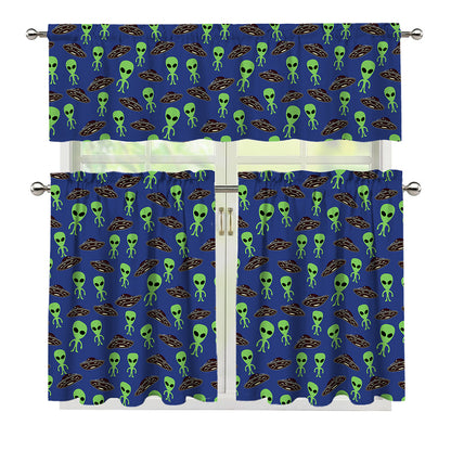 Cute Green Alien UFO Print 3 Piece Kitchen Curtains