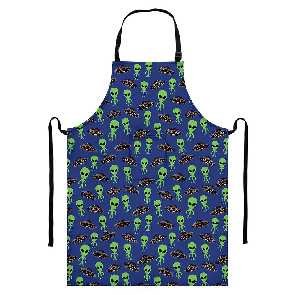 Cute Green Alien UFO Print Bib Apron With Pocket