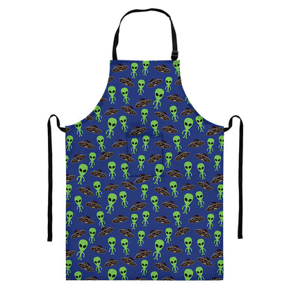 Cute Green Alien UFO Print Bib Apron With Pocket