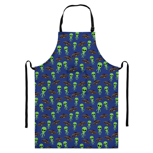 Cute Green Alien UFO Print Bib Apron With Pocket