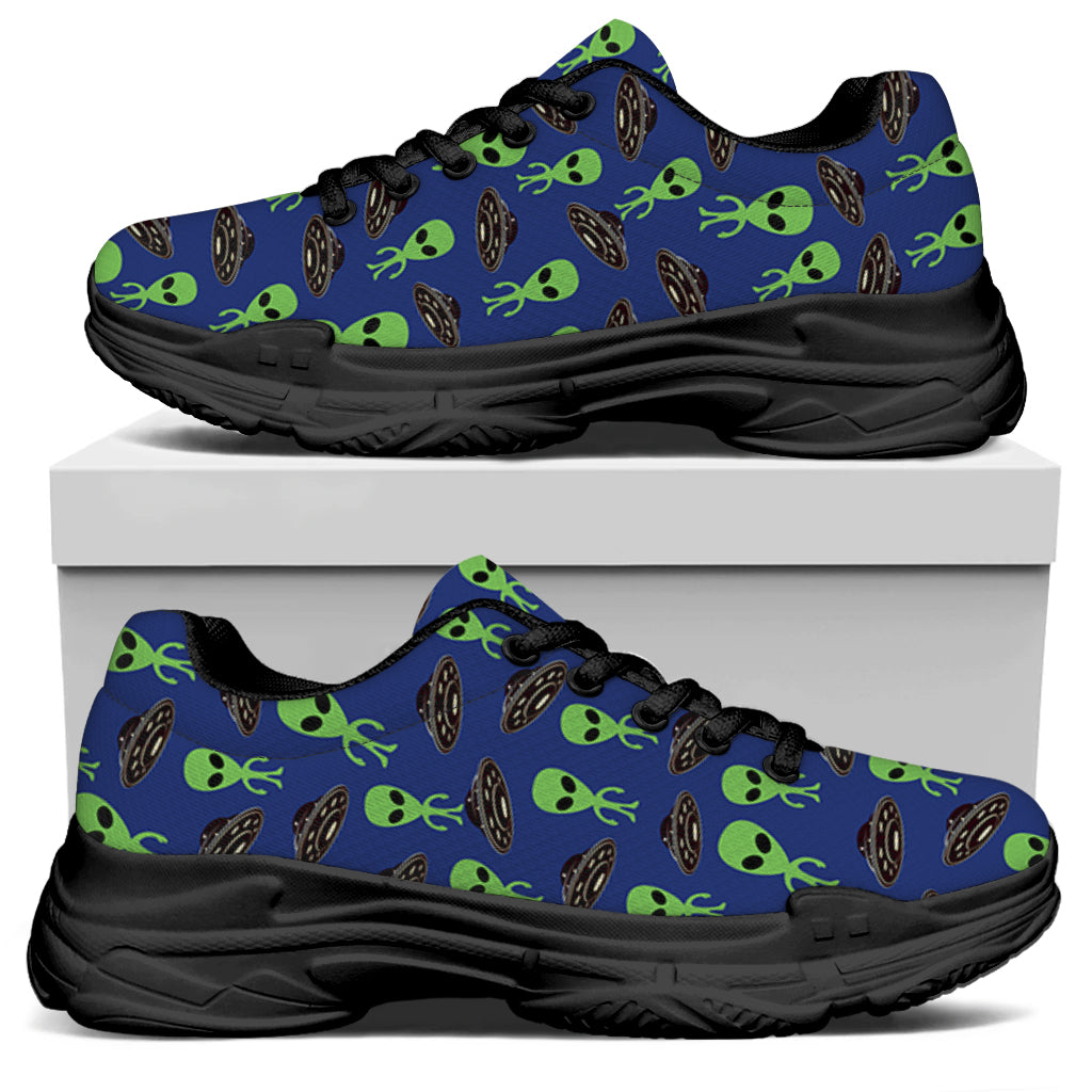 Cute Green Alien UFO Print Black Chunky Shoes