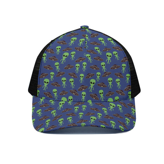 Cute Green Alien UFO Print Black Mesh Trucker Cap