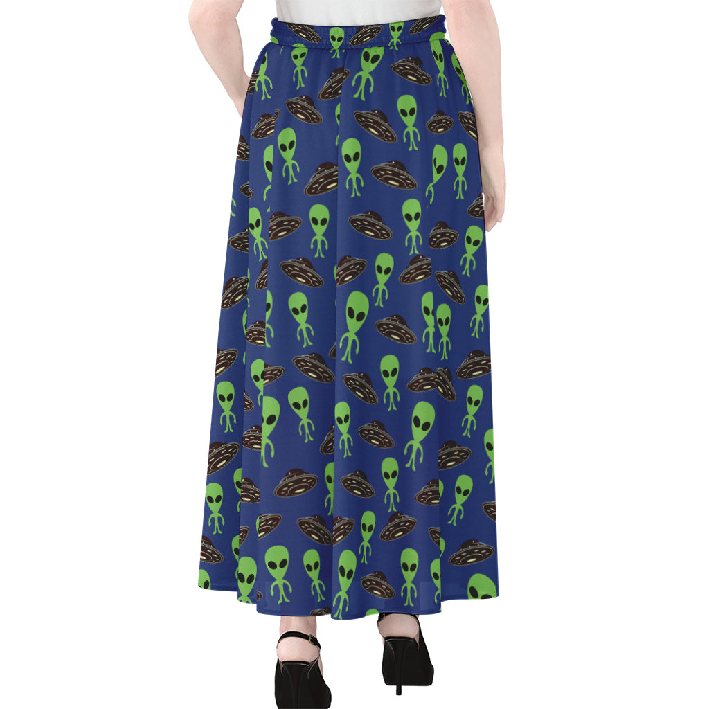 Cute Green Alien UFO Print Chiffon Maxi Skirt