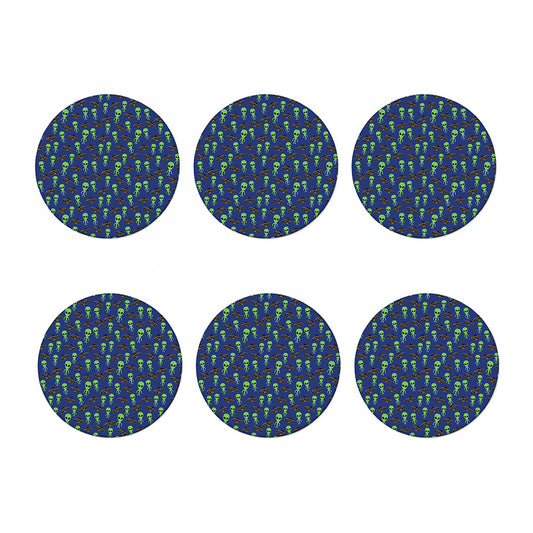 Cute Green Alien UFO Print Coaster Set