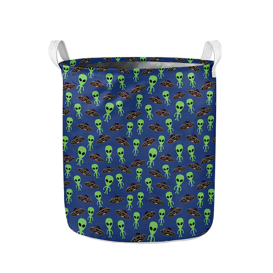 Cute Green Alien UFO Print Collapsible Laundry Basket