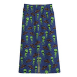 Cute Green Alien UFO Print Cotton Front Slit Maxi Skirt