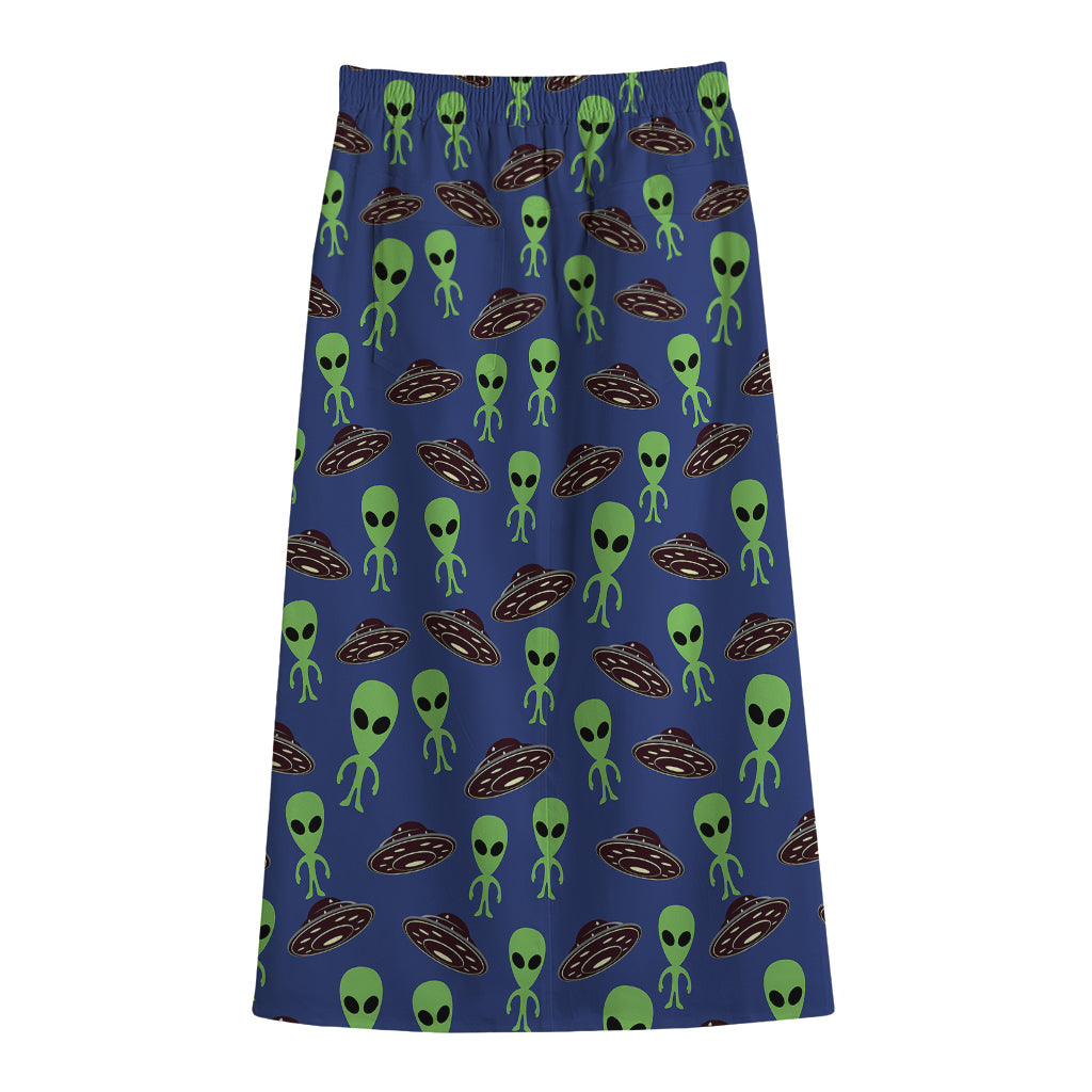 Cute Green Alien UFO Print Cotton Front Slit Maxi Skirt