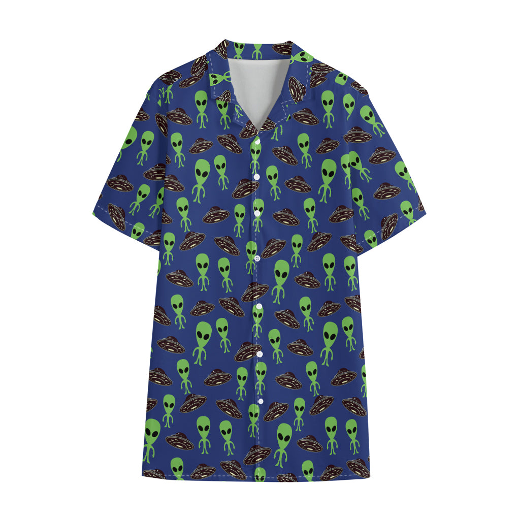 Cute Green Alien UFO Print Cotton Hawaiian Shirt