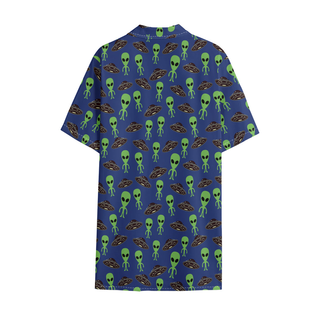 Cute Green Alien UFO Print Cotton Hawaiian Shirt