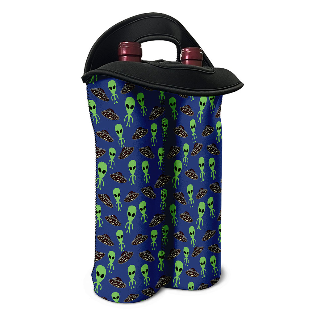 Cute Green Alien UFO Print Double Neoprene Wine Tote