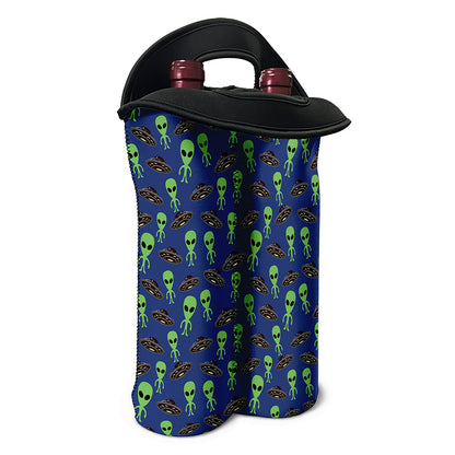 Cute Green Alien UFO Print Double Neoprene Wine Tote
