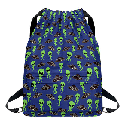 Cute Green Alien UFO Print Drawstring Backpack