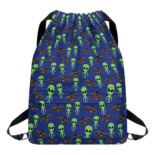 Cute Green Alien UFO Print Drawstring Backpack