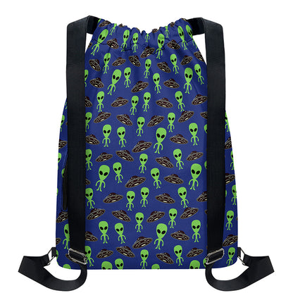 Cute Green Alien UFO Print Drawstring Backpack