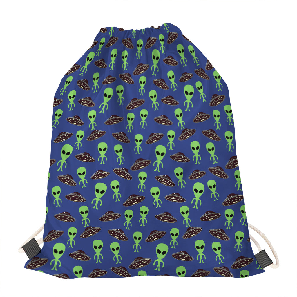 Cute Green Alien UFO Print Drawstring Bag