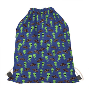 Cute Green Alien UFO Print Drawstring Bag