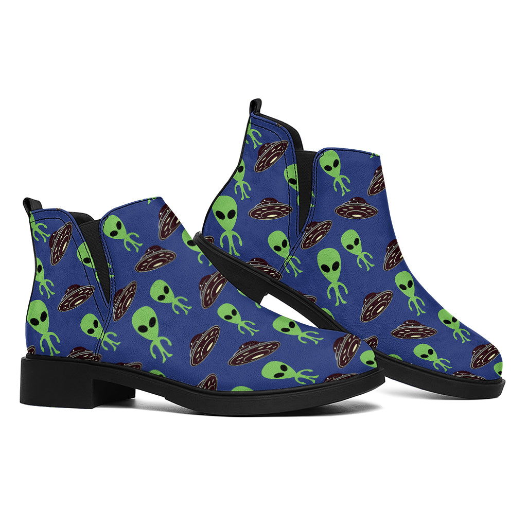 Cute Green Alien UFO Print Flat Ankle Boots