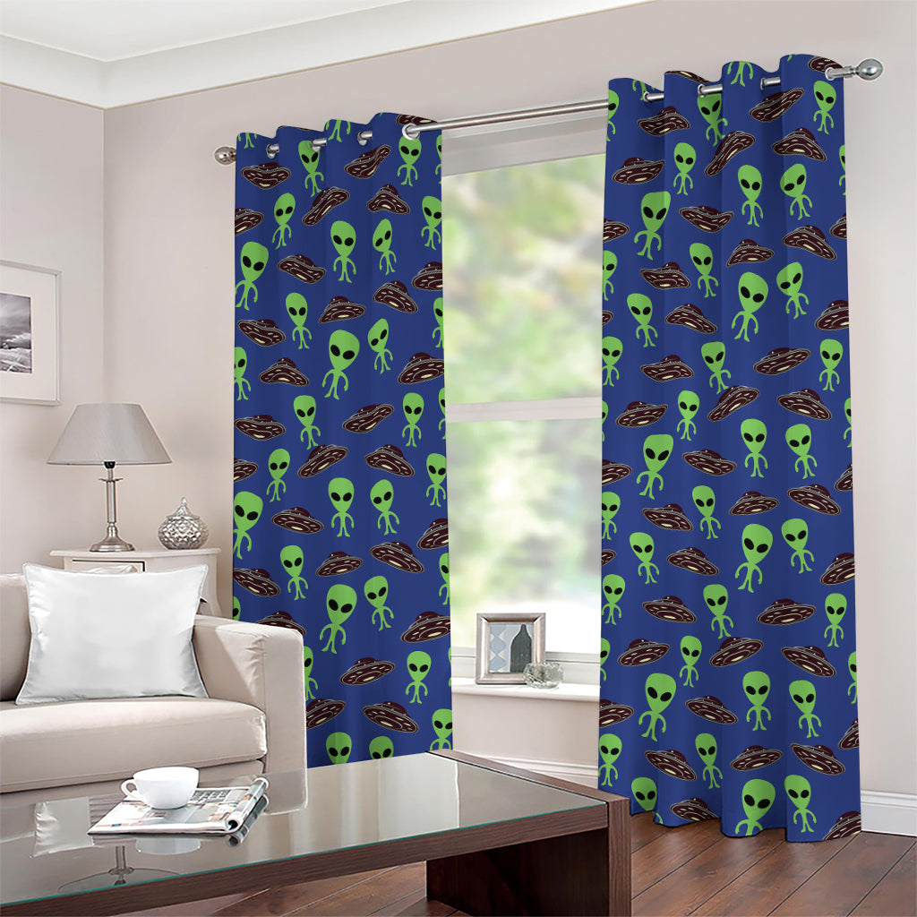 Cute Green Alien UFO Print Grommet Curtains