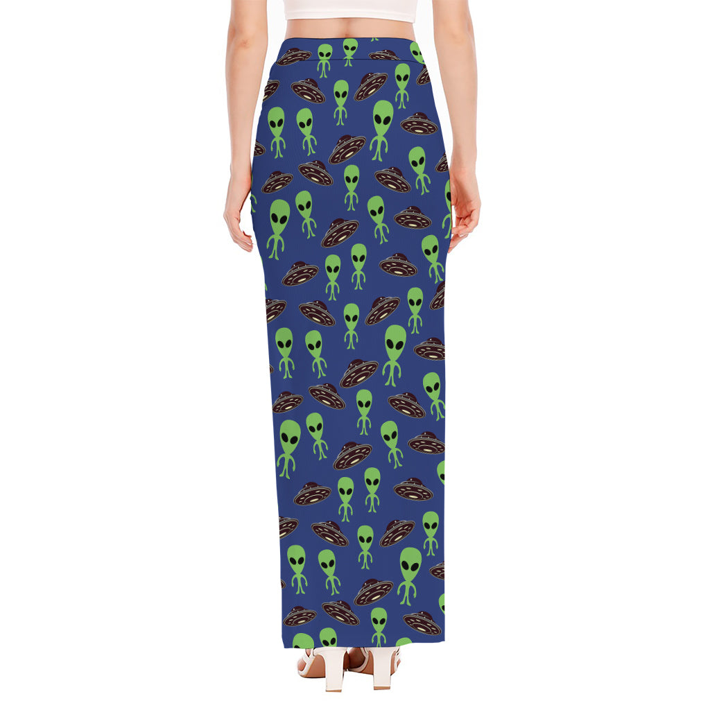 Cute Green Alien UFO Print High Slit Maxi Skirt