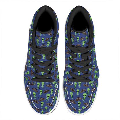 Cute Green Alien UFO Print High Top Leather Sneakers