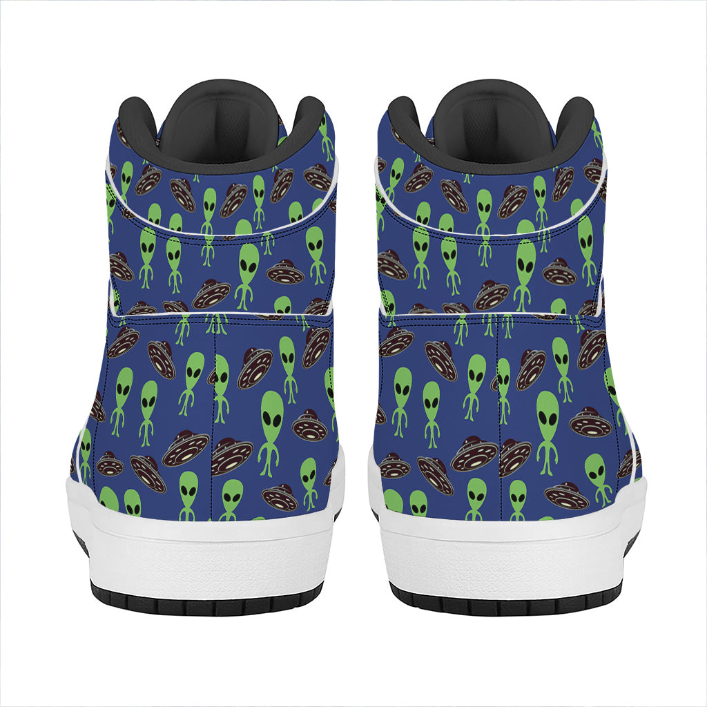 Cute Green Alien UFO Print High Top Leather Sneakers