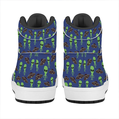 Cute Green Alien UFO Print High Top Leather Sneakers