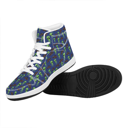 Cute Green Alien UFO Print High Top Leather Sneakers