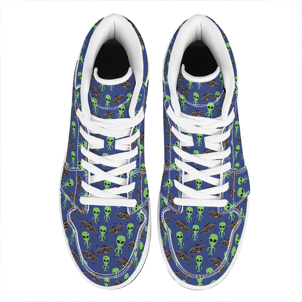 Cute Green Alien UFO Print High Top Leather Sneakers