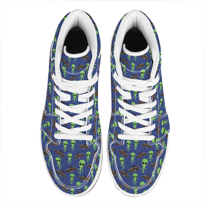Cute Green Alien UFO Print High Top Leather Sneakers