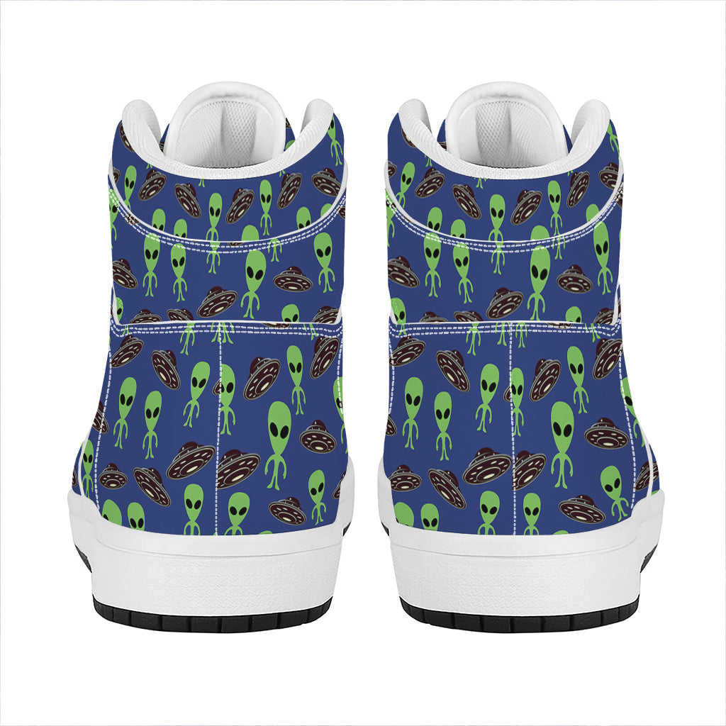 Cute Green Alien UFO Print High Top Leather Sneakers