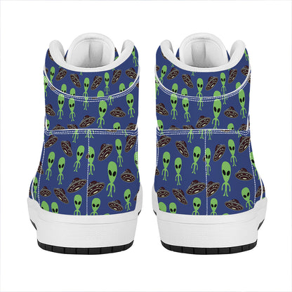 Cute Green Alien UFO Print High Top Leather Sneakers