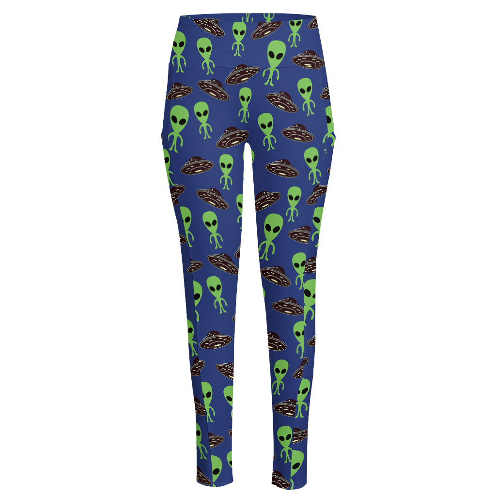 Cute Green Alien UFO Print High-Waisted Pocket Leggings