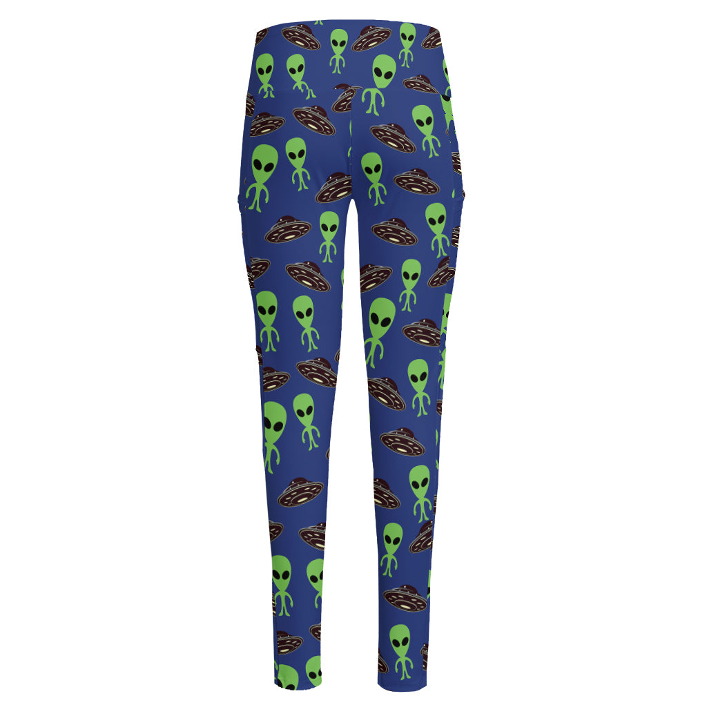 Cute Green Alien UFO Print High-Waisted Pocket Leggings