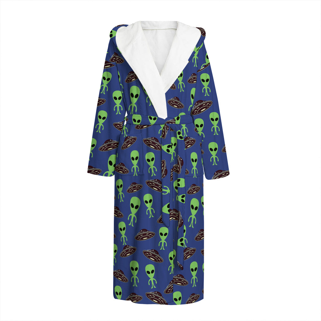 Cute Green Alien UFO Print Hooded Bathrobe