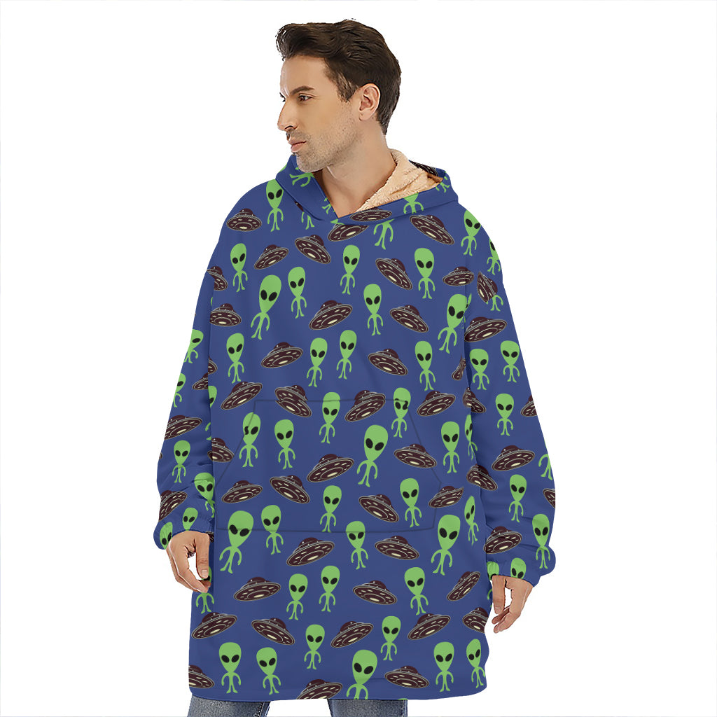 Cute Green Alien UFO Print Hoodie Blanket