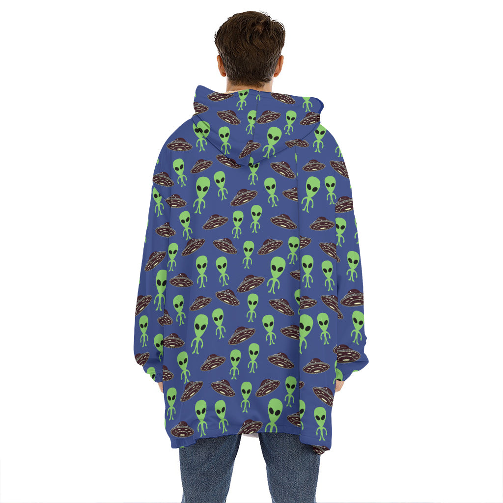 Cute Green Alien UFO Print Hoodie Blanket