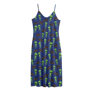 Cute Green Alien UFO Print Jersey Midi Cami Dress