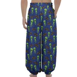 Cute Green Alien UFO Print Lantern Pants