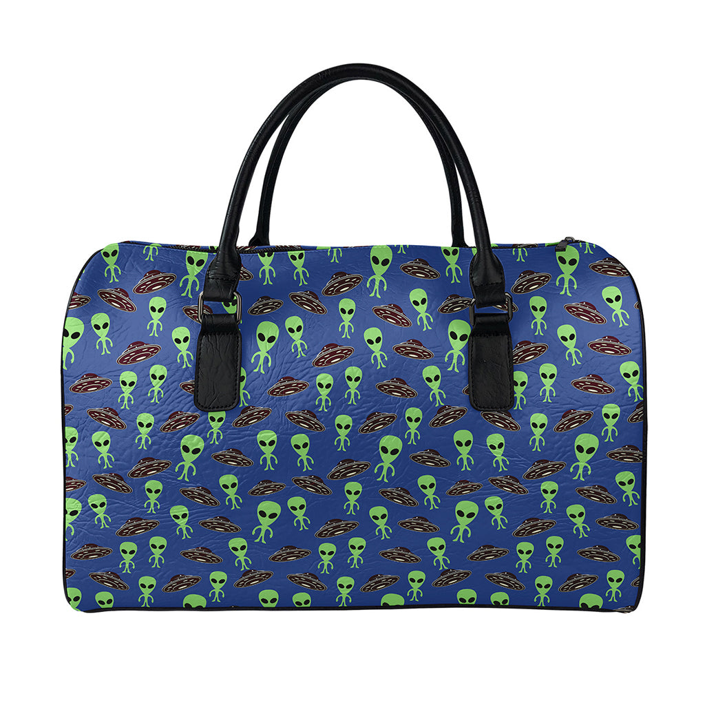 Cute Green Alien UFO Print Leather Duffle Bag